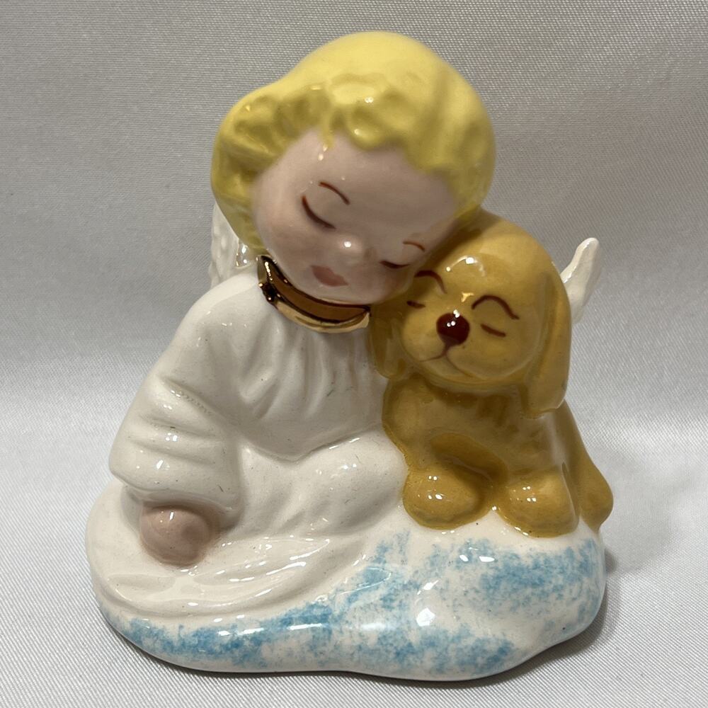 Vintage 1981 Angel Blonde Girl & Dog Yellow Lab Golden Retriever Puppy Cloud